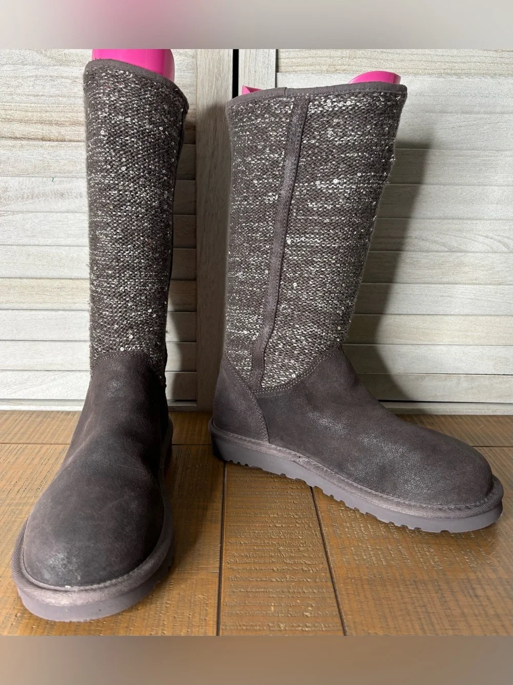 UGG Australia Camaya Tall Suede Sequin Knit Sweater Boots Gray Size 8